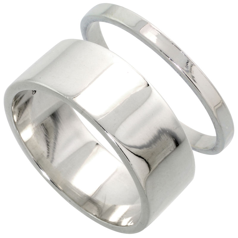 Sterling Silver Flat Wedding Band Ring Set his and Hers 2 mm sizes 4 - 9.5 + 8 mm-sizes 4 - 13.5