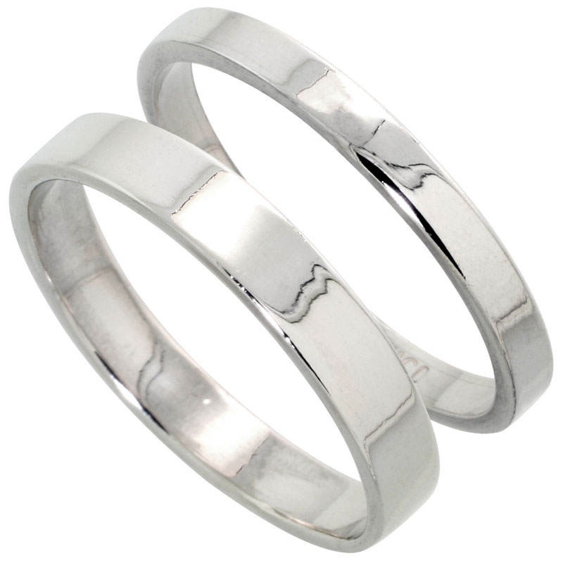 Sterling Silver Flat Wedding Band Ring Set His and Hers 3 mm + 4 mm sizes 4 to 13.5