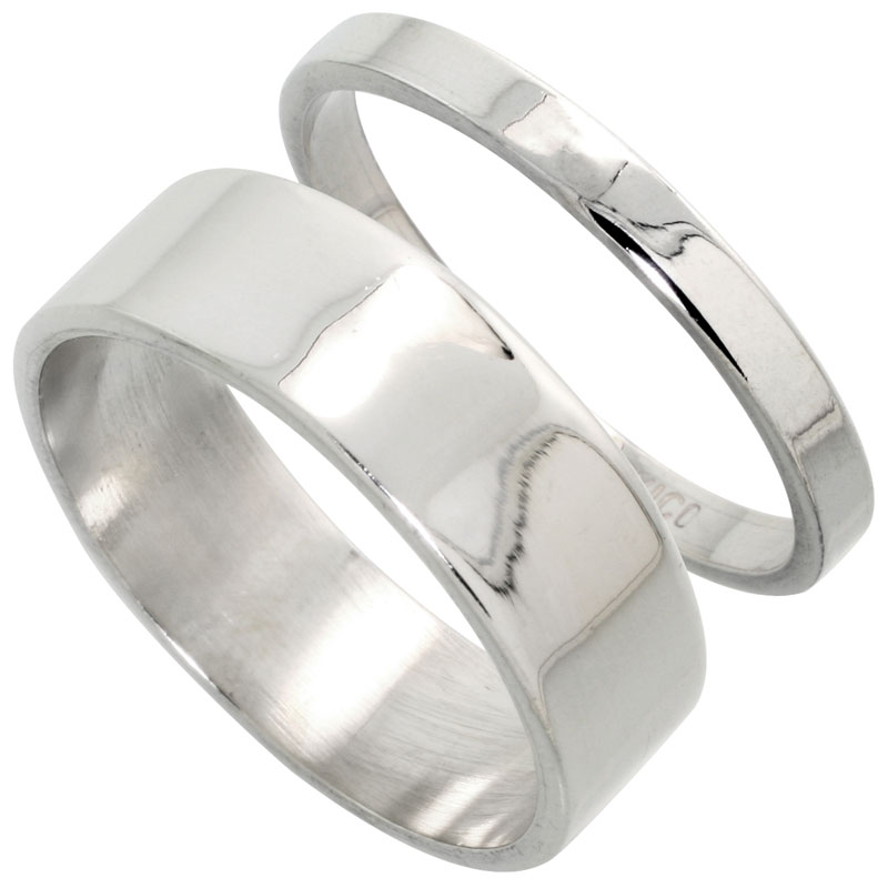 Sterling Silver Flat Wedding Band Ring Set His and Hers 3 mm + 7 mm sizes 4 to 13.5