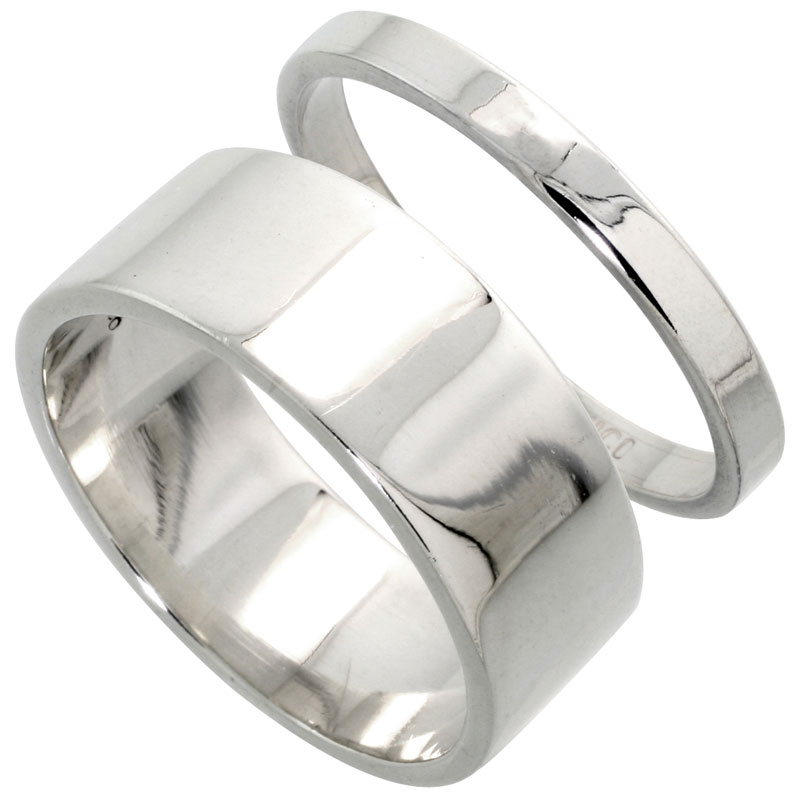 Sterling Silver Flat Wedding Band Ring Set His and Hers 3 mm + 8 mm sizes 4 to 13.5