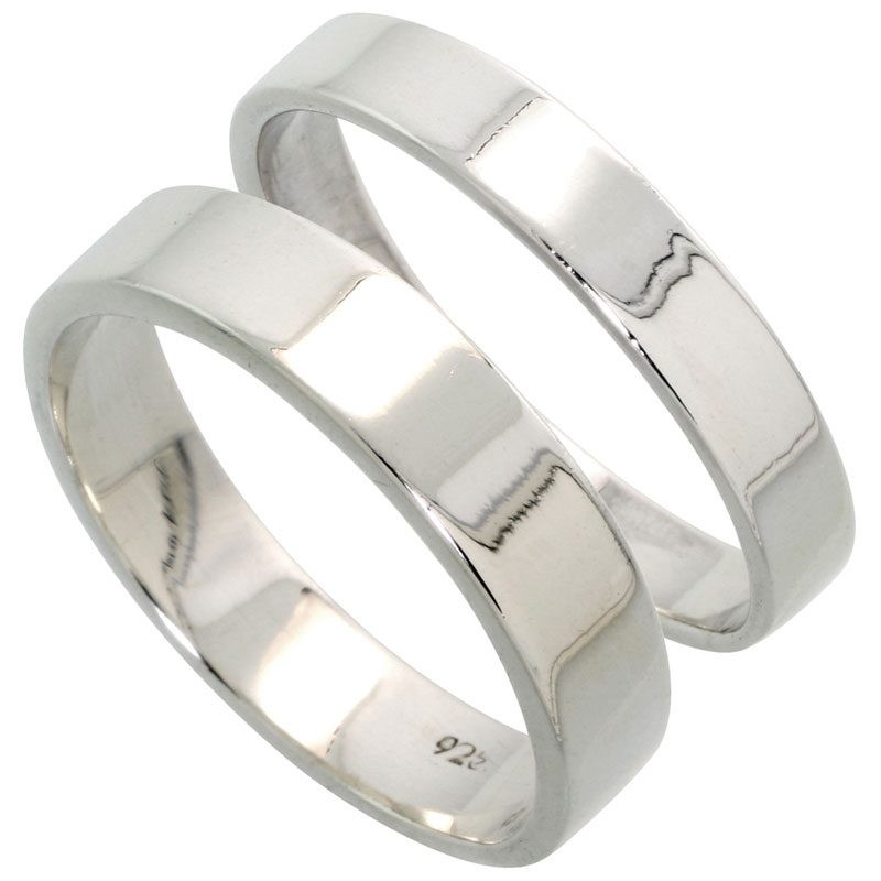 Sterling Silver Flat Wedding Band Ring Set His and Hers 4 mm + 5 mm sizes 4 to 13.5