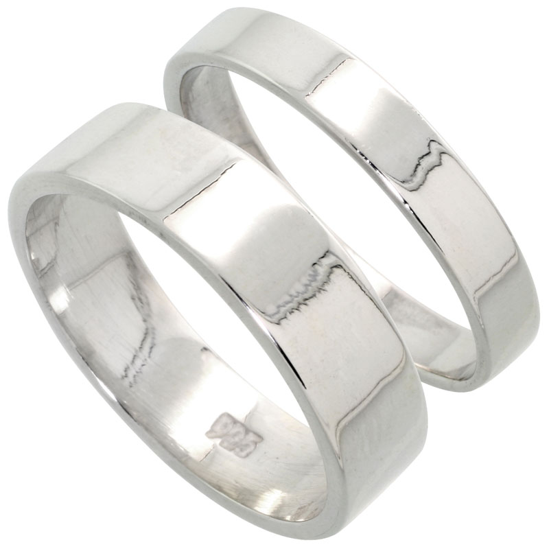 Sterling Silver Flat Wedding Band Ring Set His and Hers 4 mm + 6 mm sizes 4 to 13.5