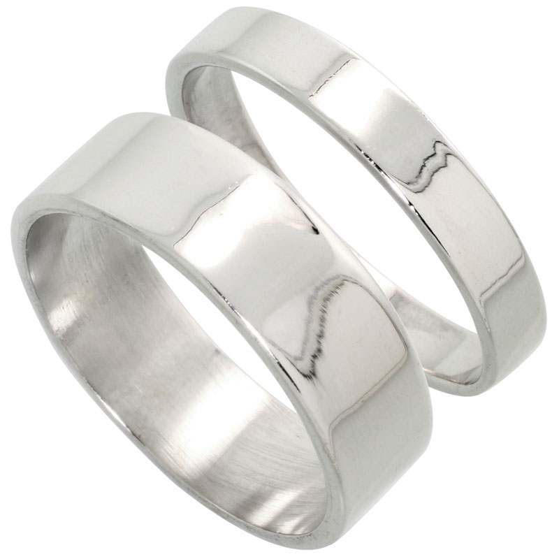 Sterling Silver Flat Wedding Band Ring Set His and Hers 4 mm + 7 mm sizes 4 to 13.5