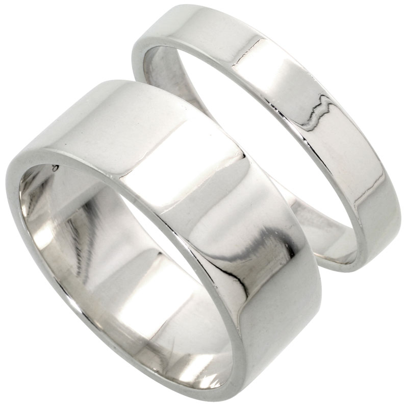 Sterling Silver Flat Wedding Band Ring Set His and Hers 4 mm + 8 mm sizes 4 to 13.5