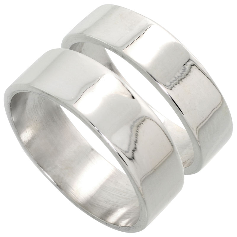 Sterling Silver Flat Wedding Band Ring Set His and Hers 6 mm + 7 mm sizes 4 to 13.5+B1137