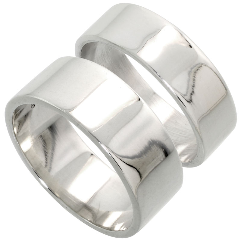 Sterling Silver Flat Wedding Band Ring Set His and Hers 7 mm + 8 mm sizes 4 to 13.5