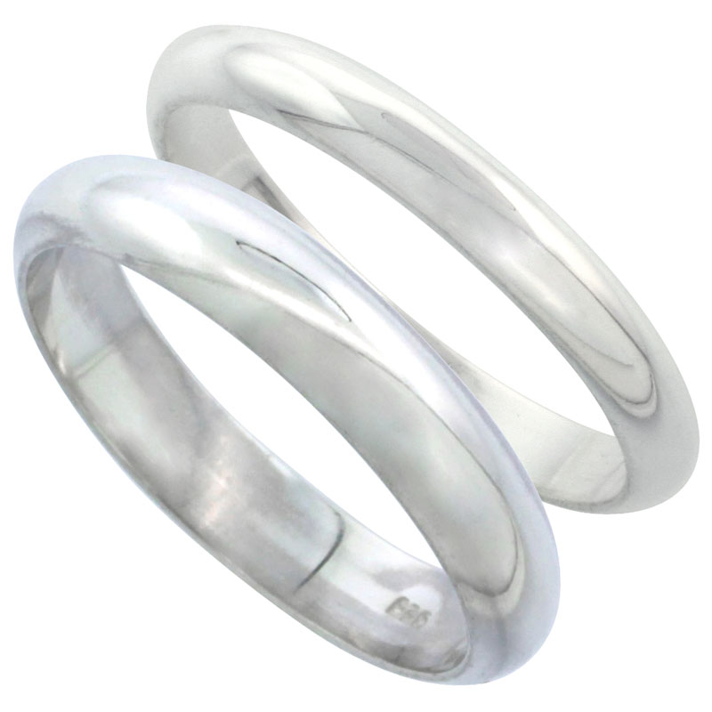 Sterling Silver High Dome Wedding Band Ring Set His and Hers 3 mm + 4 mm sizes 4 to 13.5