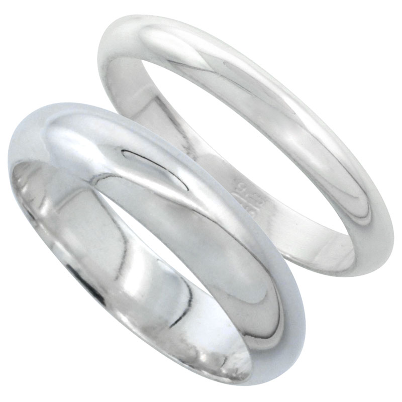 Sterling Silver High Dome Wedding Band Ring Set His and Hers 3 mm + 5 mm sizes 4 to 13.5