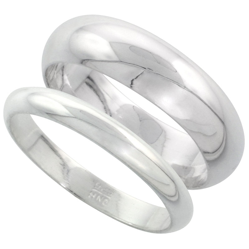 Sterling Silver High Dome Wedding Band Ring Set His and Hers 3 mm + 6 mm sizes 4 to 13.5