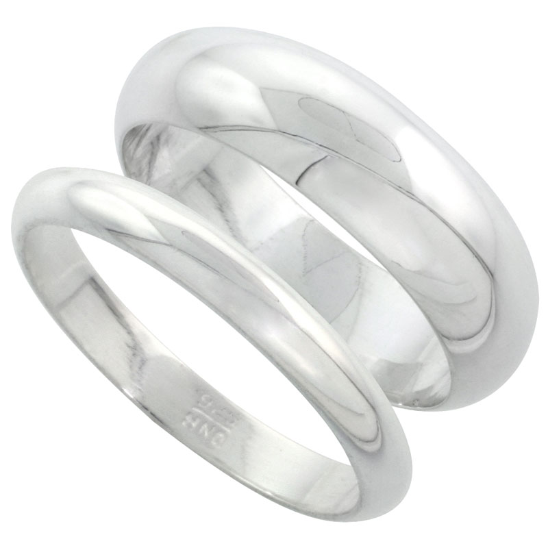 Sterling Silver High Dome Wedding Band Ring Set His and Hers 3 mm + 7 mm sizes 4 to 13.5