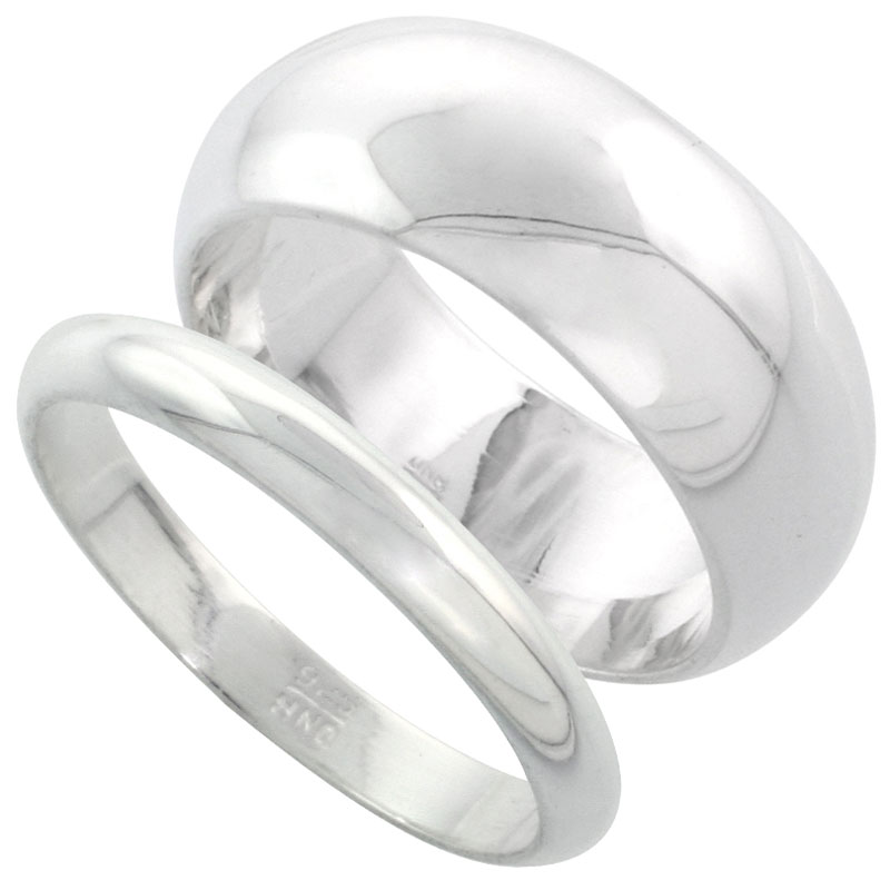 Sterling Silver High Dome Wedding Band Ring Set His and Hers 3 mm + 8 mm sizes 4 to 13.5