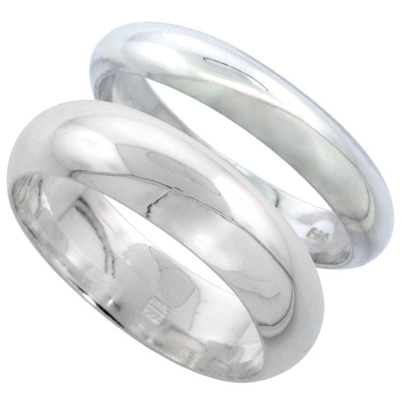 Sterling Silver High Dome Wedding Band Ring Set His and Hers 4 mm + 6 mm sizes 4 to 13.5