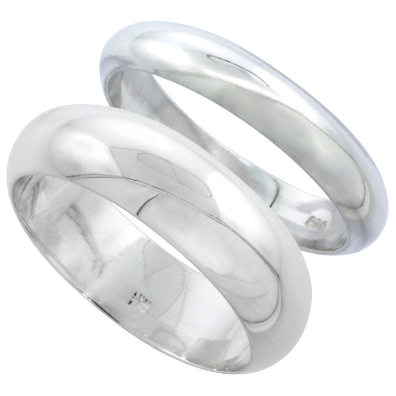 Sterling Silver High Dome Wedding Band Ring Set His and Hers 4 mm + 7 mm sizes 4 to 13.5
