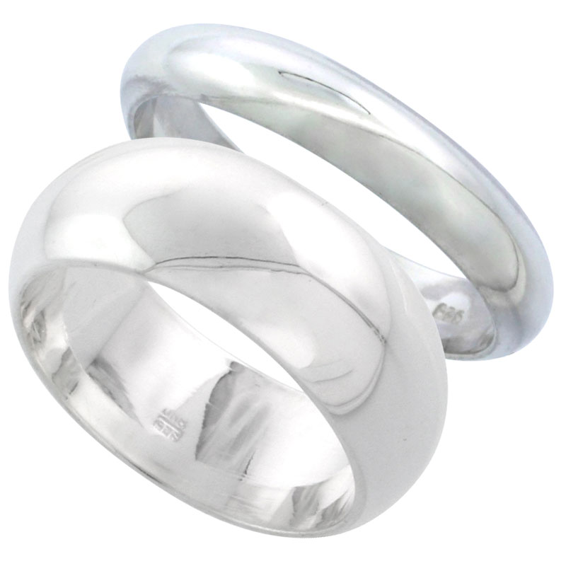 Sterling Silver High Dome Wedding Band Ring Set His and Hers 4 mm + 8 mm sizes 4 to 13.5