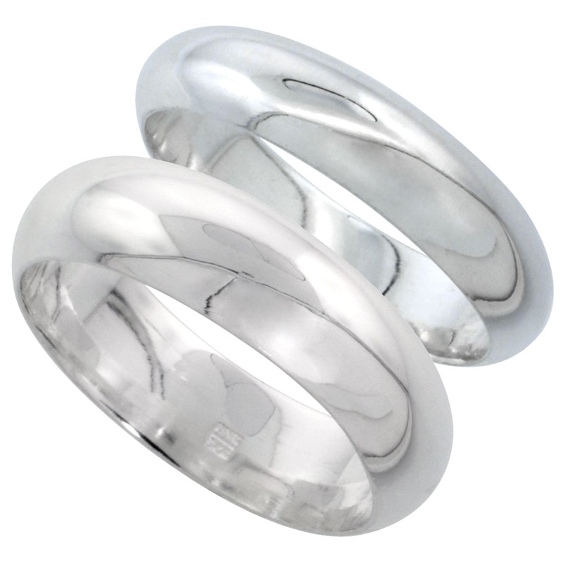 Sterling Silver High Dome Wedding Band Ring Set His and Hers 5 mm + 6 mm sizes 4 to 13.5