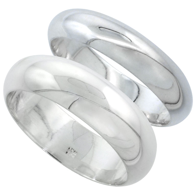 Sterling Silver High Dome Wedding Band Ring Set His and Hers 5 mm + 7 mm sizes 4 to 13.5