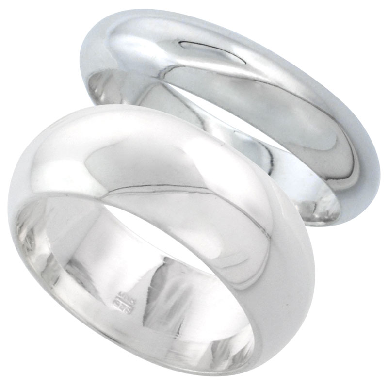 Sterling Silver High Dome Wedding Band Ring Set His and Hers 5 mm + 8 mm sizes 4 to 13.5