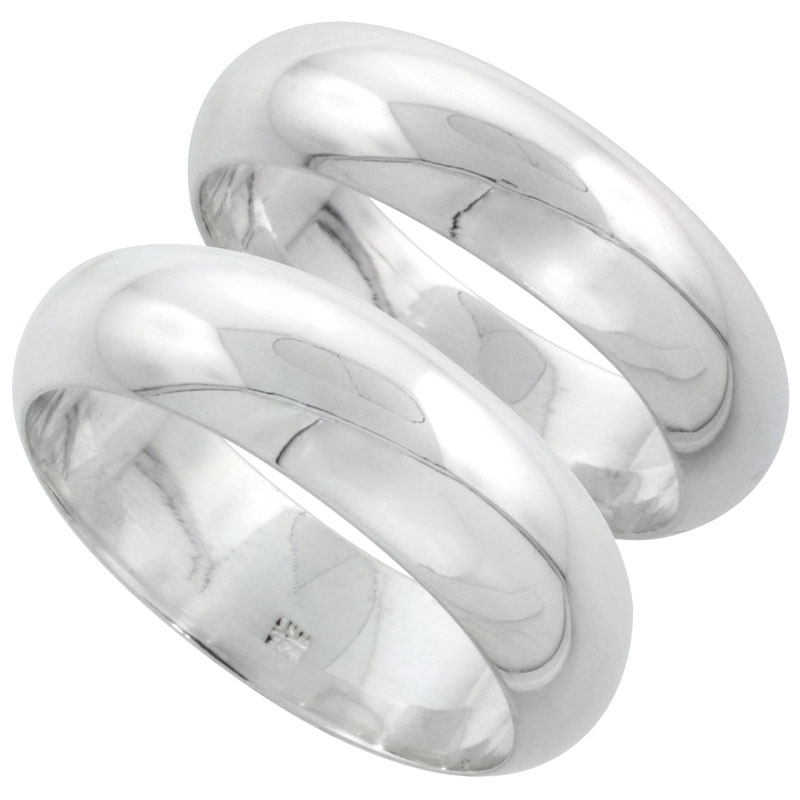 Sterling Silver High Dome Wedding Band Ring Set His and Hers 6 mm + 7 mm sizes 4 to 13.5