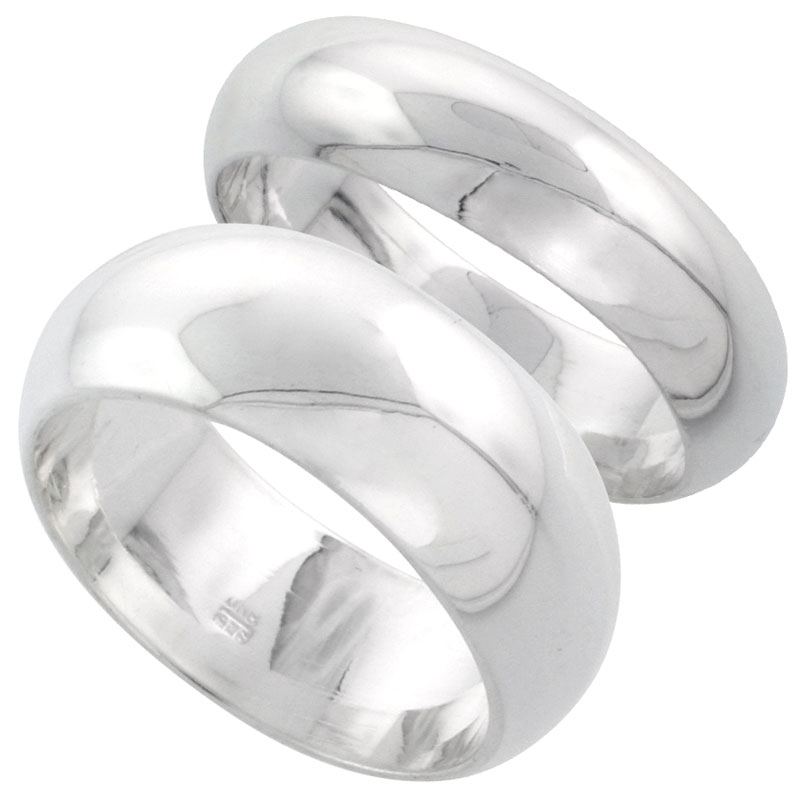 Sterling Silver High Dome Wedding Band Ring Set His and Hers 6 mm + 8 mm sizes 4 to 13.5
