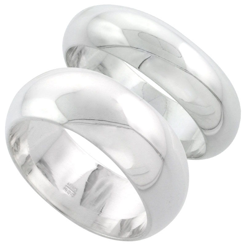 Sterling Silver High Dome Wedding Band Ring Set His and Hers 7 mm + 8 mm sizes 4 to 13.5