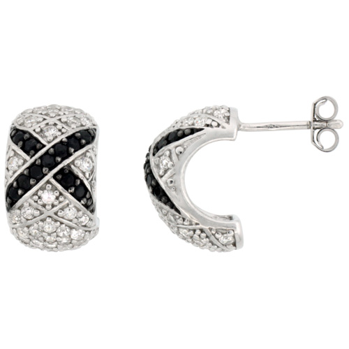 Sterling Silver Black and White Cubic Zirconia Half Hoop Earrings Rhodium Finish, 9/16 inch long