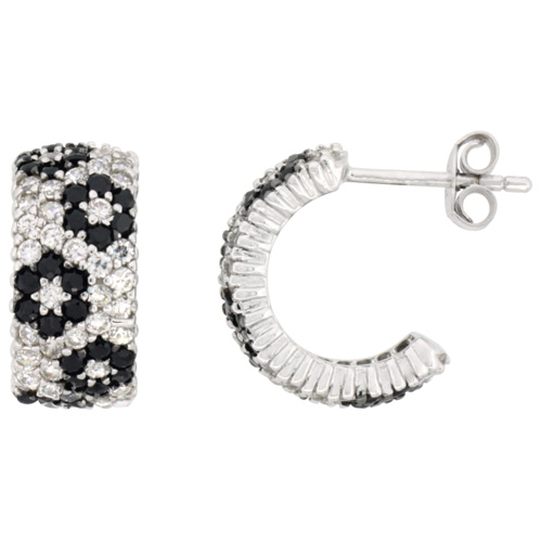 Sterling Silver Black and White Cubic Zirconia Floral Half Hoop Earrings Rhodium Finish, 5/8 inch long