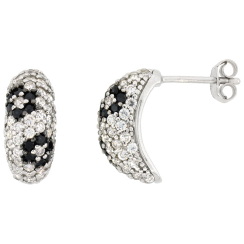 Sterling Silver Black and White Cubic Zirconia Floral Half Hoop Earrings Rhodium Finish, 9/16 inch long