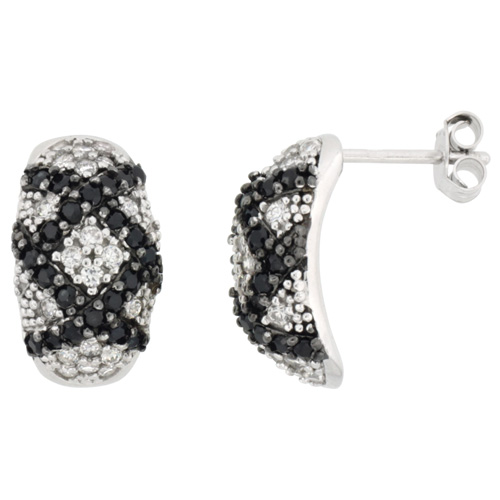 Sterling Silver Black and White Cubic Zirconia Half Hoop Earrings Crisscross Rhodium Finish, 5/8 inch long