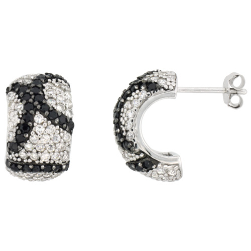 Sterling Silver Black and White Cubic Zirconia Half Hoop Earrings Rhodium Finish, 11/16 inch long