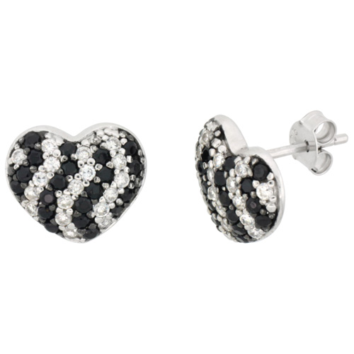 Sterling Silver Black and White Cubic Zirconia Heart Post Earrings Rhodium Finish, 7/16 inch long