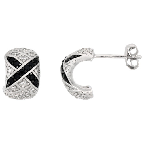 Sterling Silver Black and White Cubic Zirconia Half Hoop Earrings Rhodium Finish, 1/2 inch long