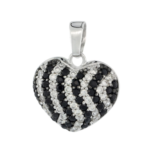 Sterling Silver Black and White Cubic Zirconia Heart Pendant, 7/8 inch long 