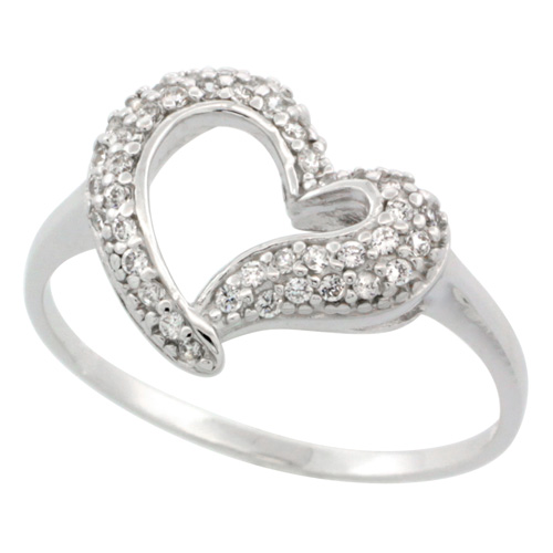Sterling Silver Micro Pave Cubic Zirconia Open Curved Heart Ring 7/16 inch wide, sizes 6 - 9