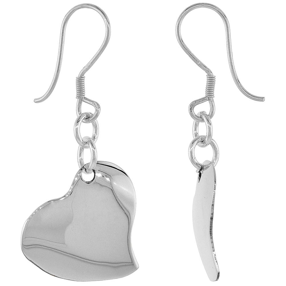 Sterling Silver Plain Heart Dangle Earrings, 1 9/16 inch long