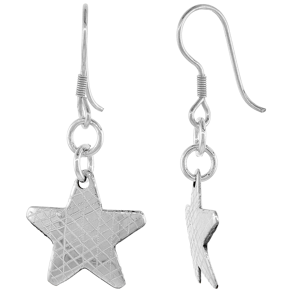Sterling Silver Star Dangle Earrings, 1 9/16 inch long