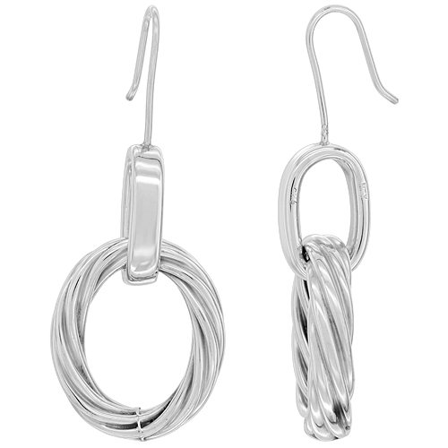 Sterling Silver Thick Twisted Rope Oval Dangling Earrings, 1 11/16 inch long