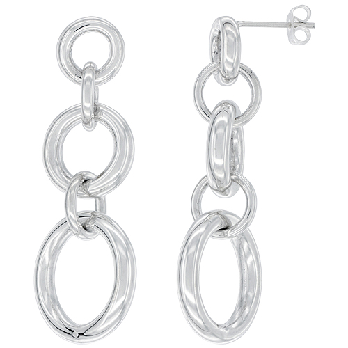 Sterling Silver Graduated Circles Hollow Dangling Earrings, 2 1/16 inches long