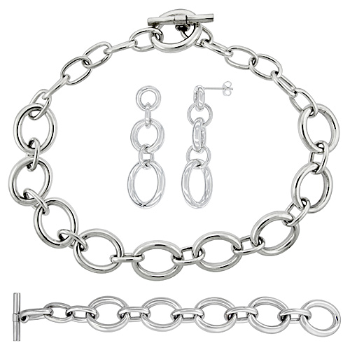 Sterling Silver Oval Hollow Links Earrings, Necklace and Bracelet Set