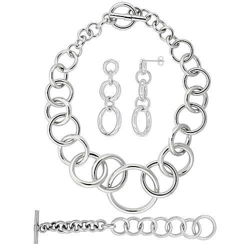 Sterling Silver Round Hollow Links Earrings, Necklace and Bracelet Set