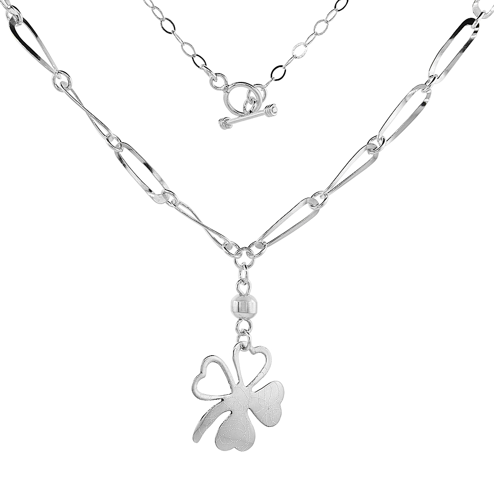 Sterling Silver Shamrock Toggle Necklace Long Oval Link, 22 inch long