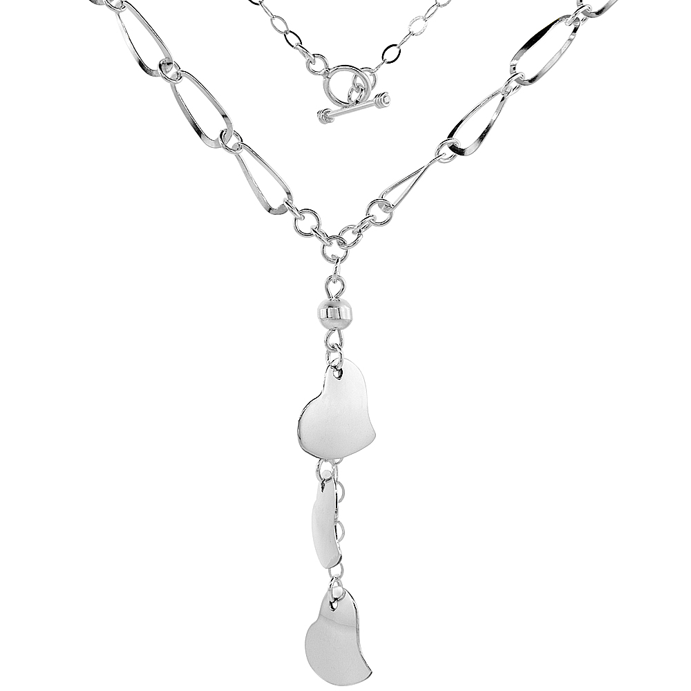 Sterling Silver Three Hearts Toggle Necklace Oval Link, 22 inch long