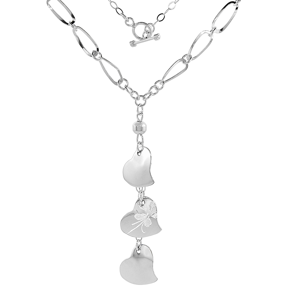 Sterling Silver Embossed Hearts Toggle Necklace Oval Link, 22 inch long