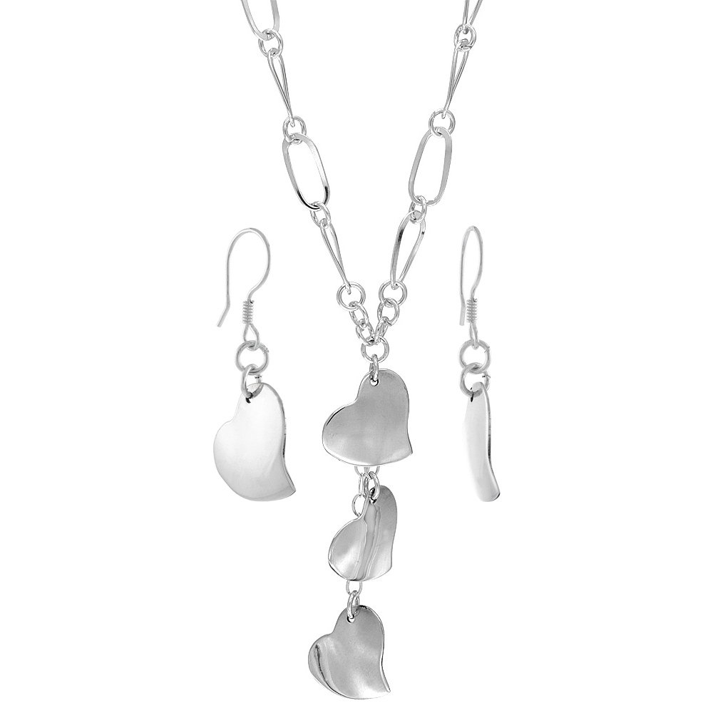 Sterling Silver Plain Hearts Toggle Necklace and Earring Set