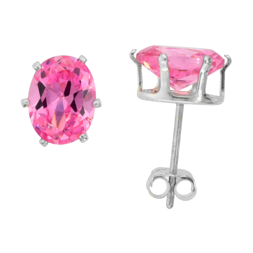 Sterling Silver Cubic Zirconia Oval Pink Earrings Studs Pink Color 1.5 carat/pair