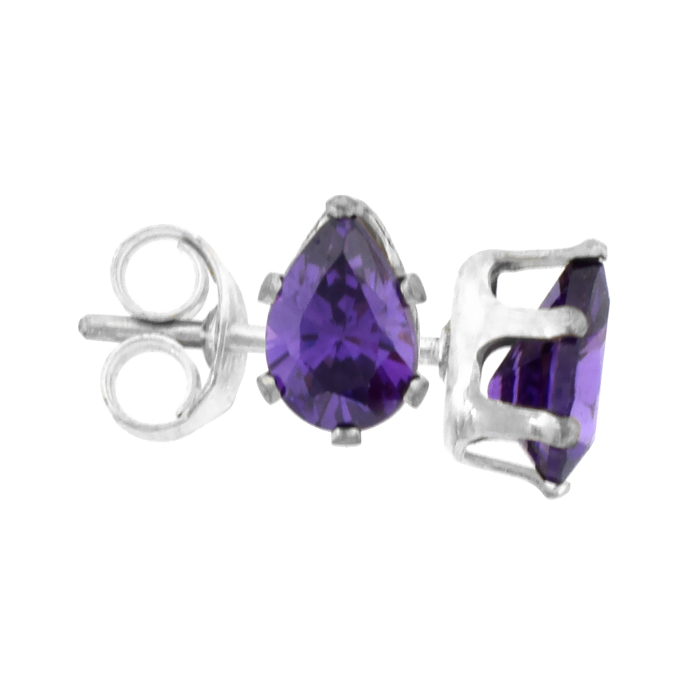 Sterling Silver Cubic Zirconia Teardrop Amethyst Earrings Studs Purple Color 1 carat/pair