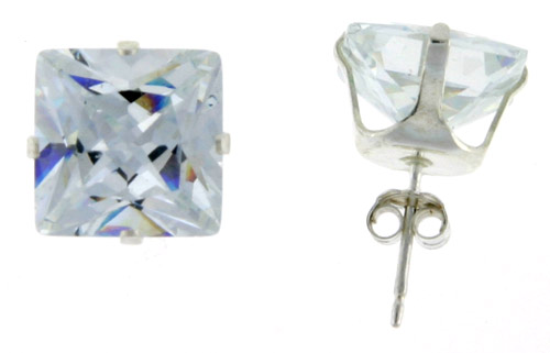 Sterling Silver Cubic Zirconia Square Earrings Studs 4 Prong 10 mm Princess cut 11 carat/pair