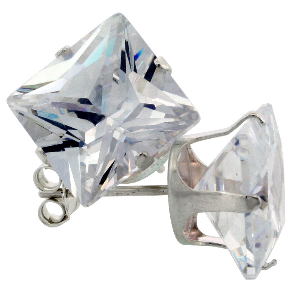 Sterling Silver Cubic Zirconia Square Earrings Studs 10 mm Princess cut Basket Setting 11 carat/pair