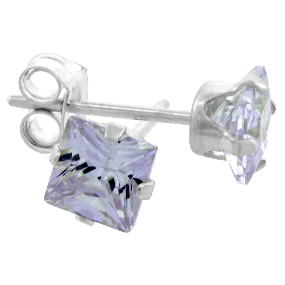 Sterling Silver Cubic Zirconia Square Earrings Studs 4 mm Princess cut Lavender 3/4 carat/pair