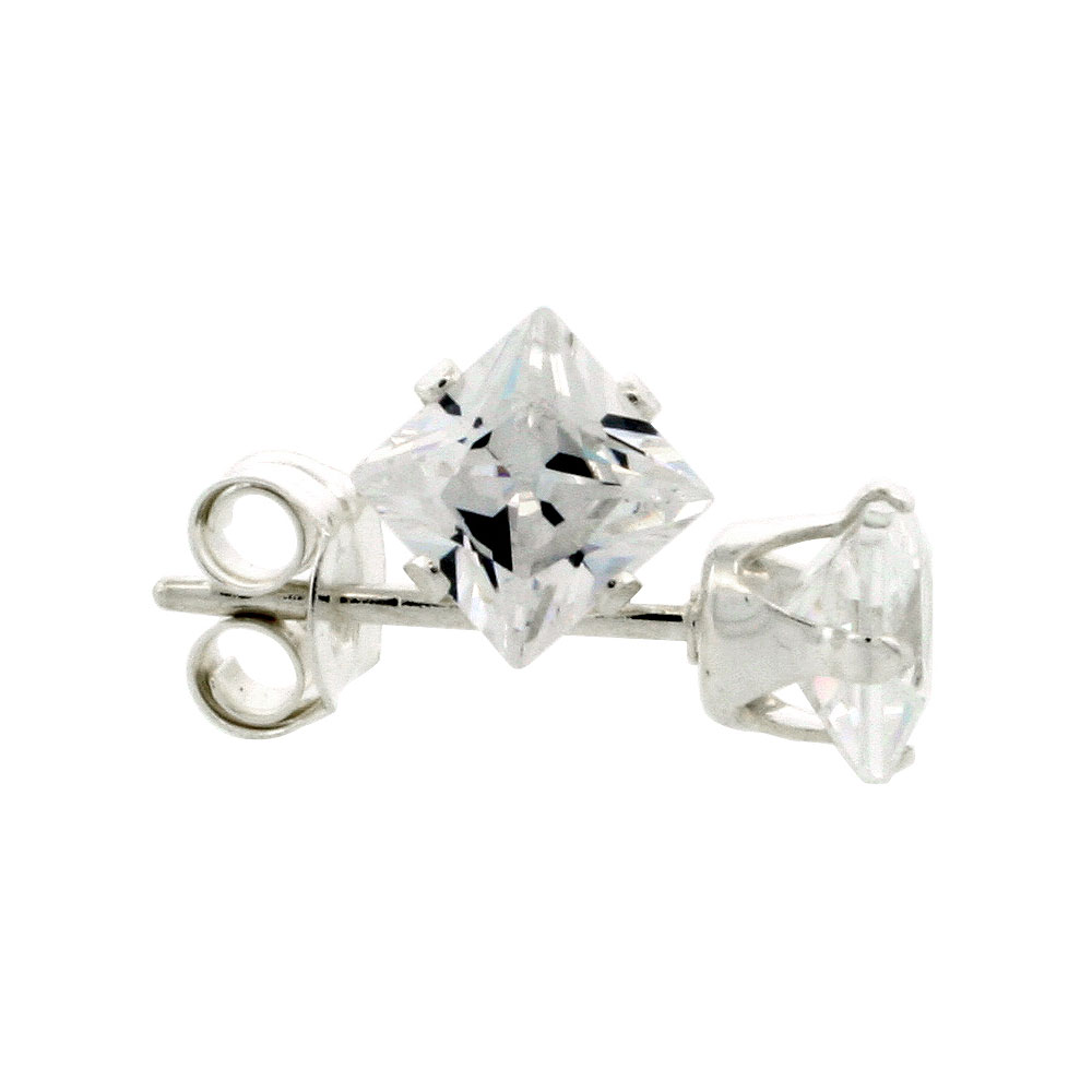 Sterling Silver Cubic Zirconia Square Earrings Studs 4 mm Princess cut Basket Setting 0.80 carat/pair