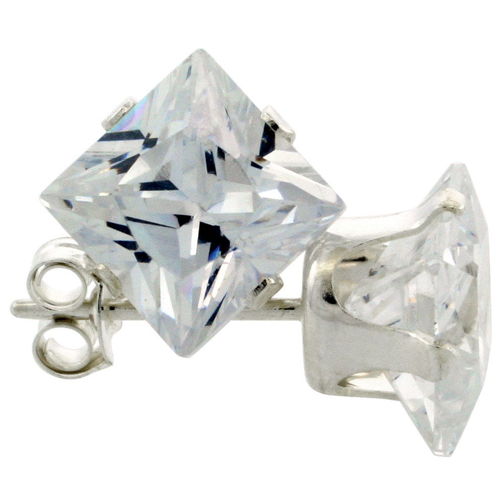 Sterling Silver Cubic Zirconia Square Earrings Studs 7 mm Princess cut Basket Setting 4 carat/pair